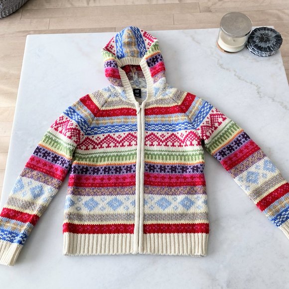 New! NWOT Gap lambs wool knit sweater, fair isle striped zip up hoodie (12 / XL) - Picture 1 of 5